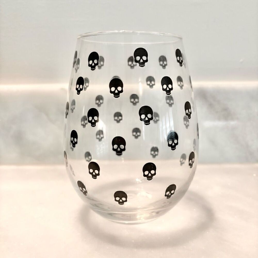 Burton+Burton Unisex Skull Print Stemless Novelty Wine Glass Clear & Black XL
